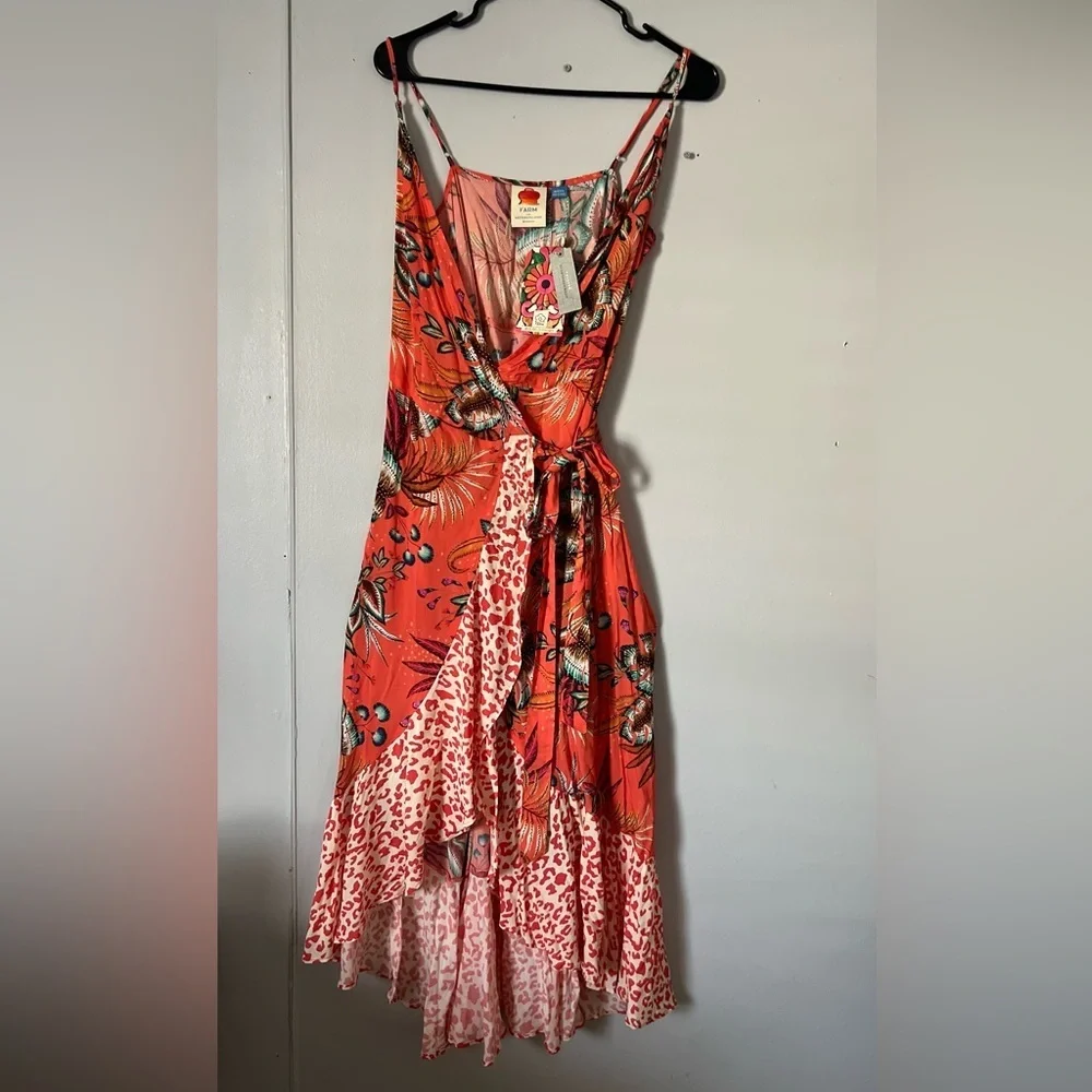 New FARM Rio Vibrant Orange Floral High Low Dress 100% viscose - Picture 2 of 8
